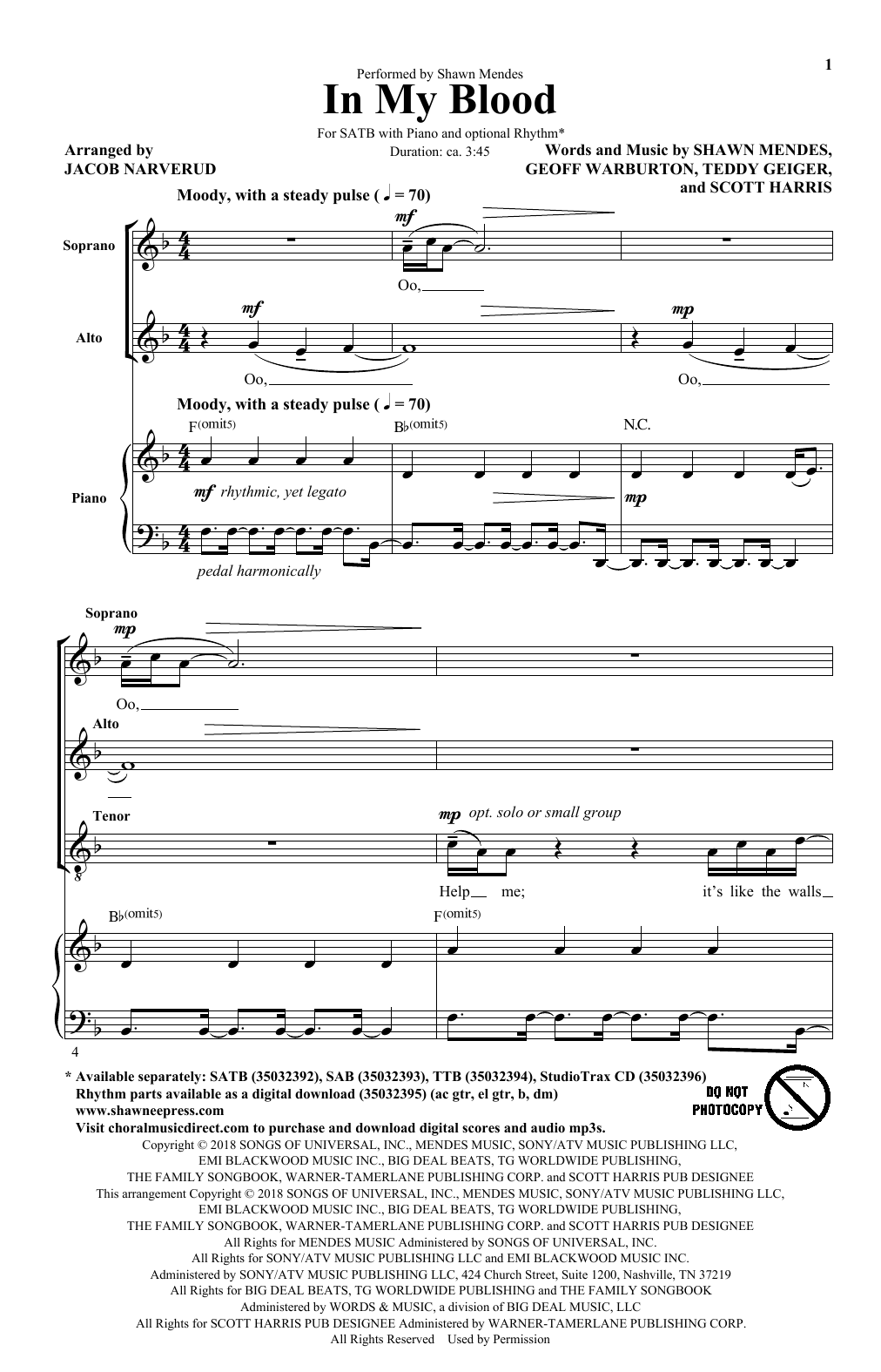 Download Shawn Mendes In My Blood (arr. Jacob Narverud) Sheet Music