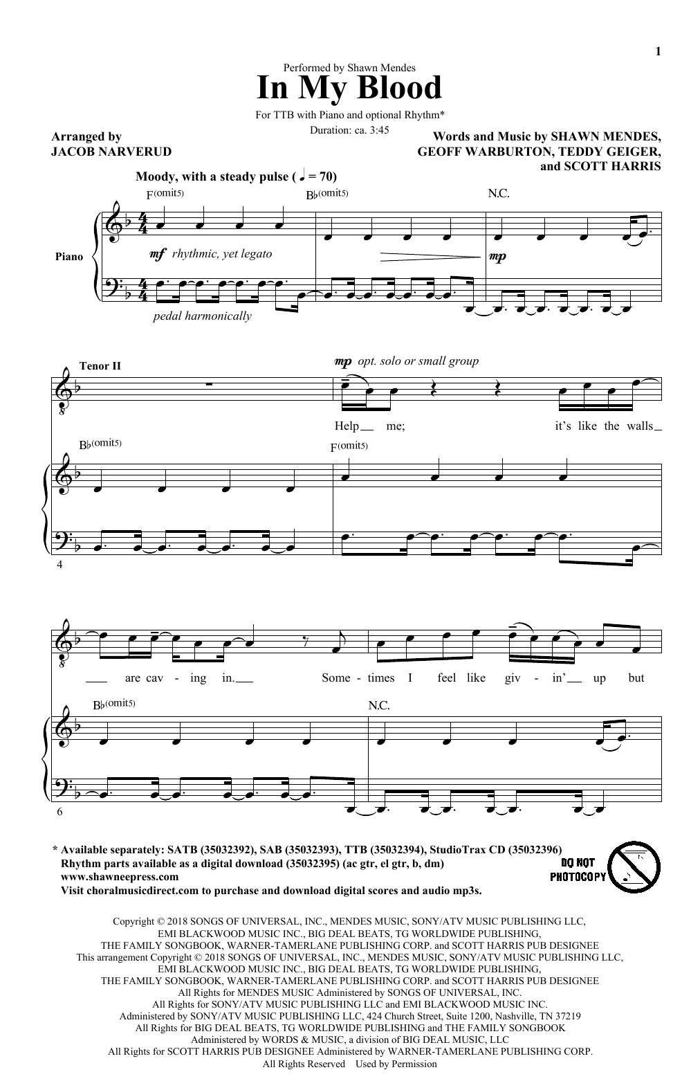 Download Shawn Mendes In My Blood (arr. Jacob Narverud) Sheet Music