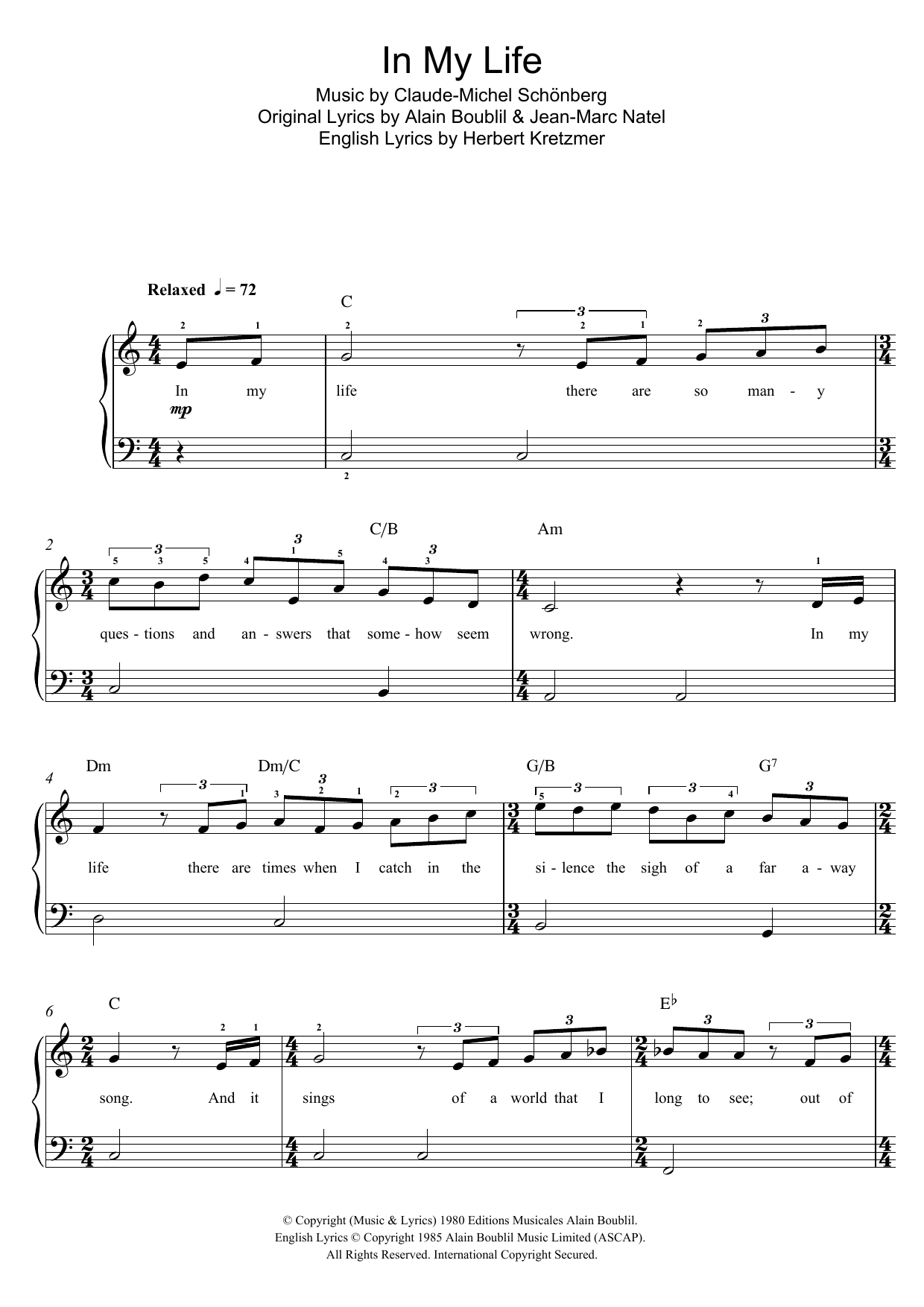 Download Boublil and Schonberg In My Life (from Les Miserables) Sheet Music
