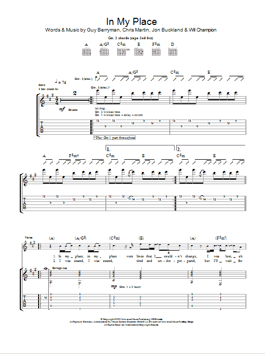 Download Coldplay In My Place Sheet Music