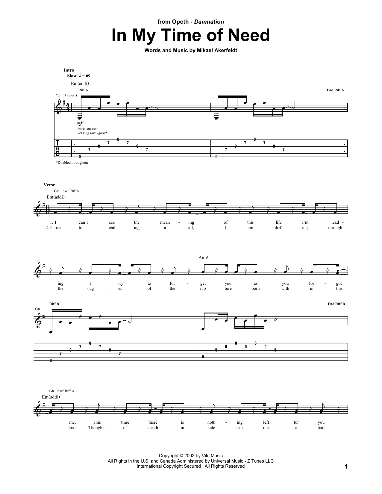 Download Opeth In My Time Of Need Sheet Music