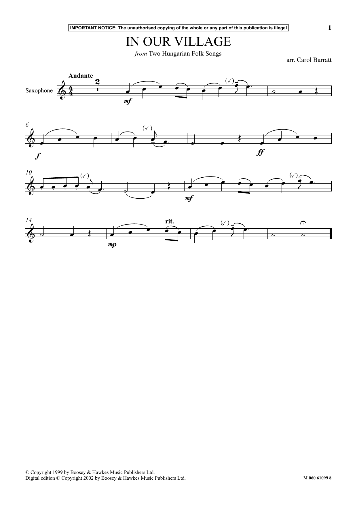 Download Carol Barratt In Our Village (from Two Hungarian Folk Sheet Music