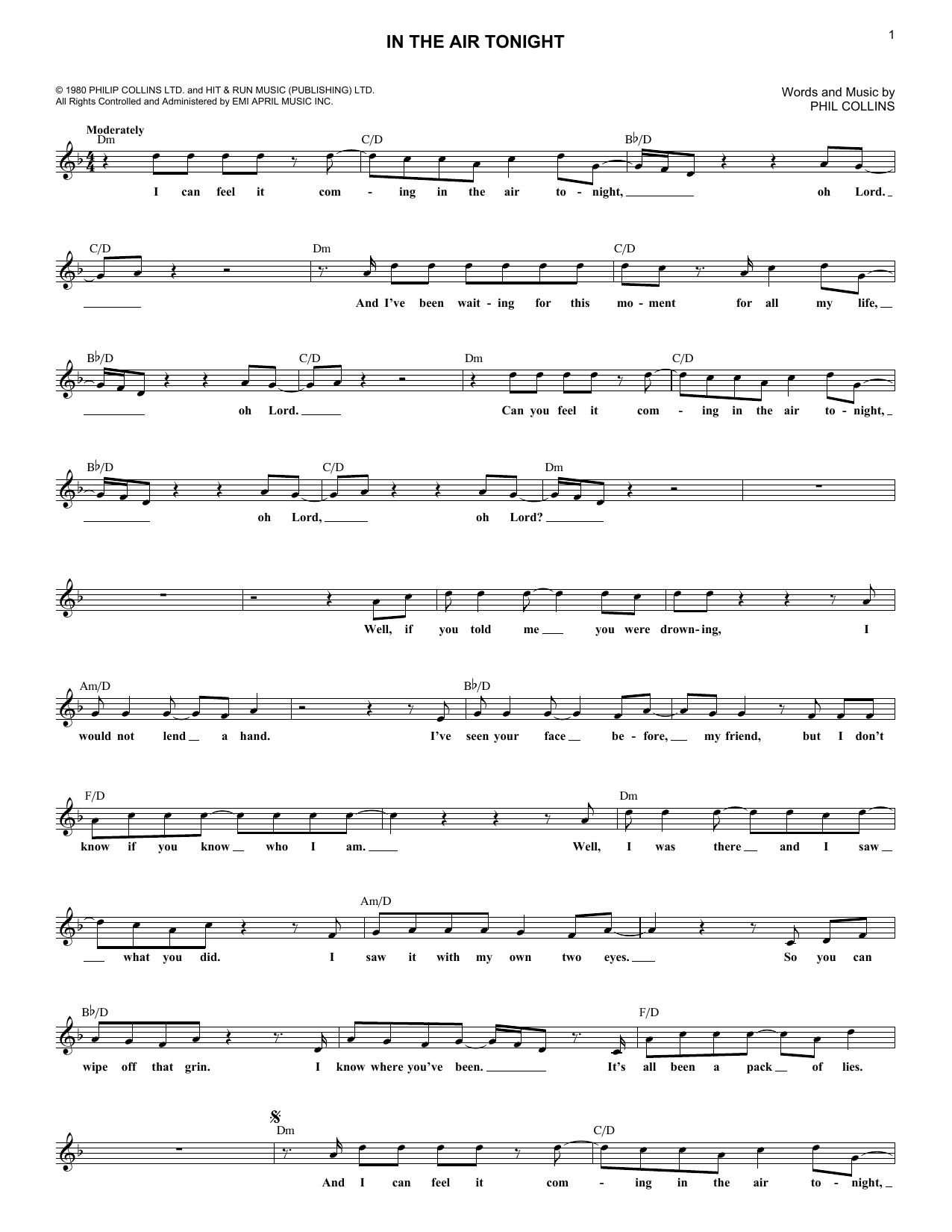 Download Phil Collins In The Air Tonight Sheet Music