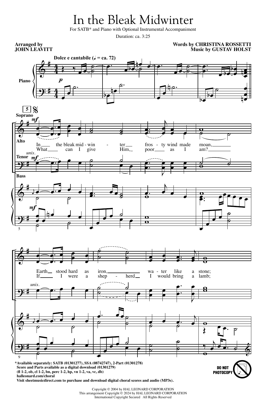 Gustav Holst In The Bleak Midwinter (arr. John Leavitt) sheet music notes printable PDF score