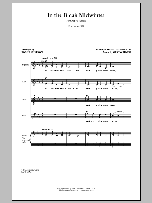 Download Gustav Holst In The Bleak Midwinter (arr. Roger Emer Sheet Music