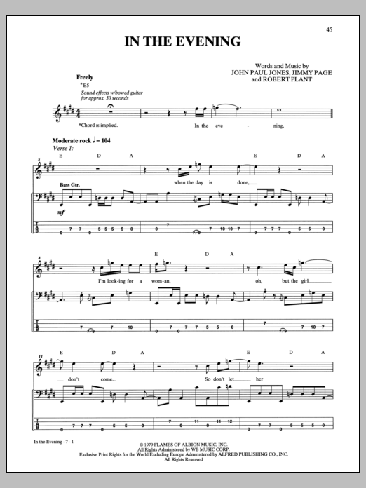 Download Led Zeppelin In The Evening Sheet Music