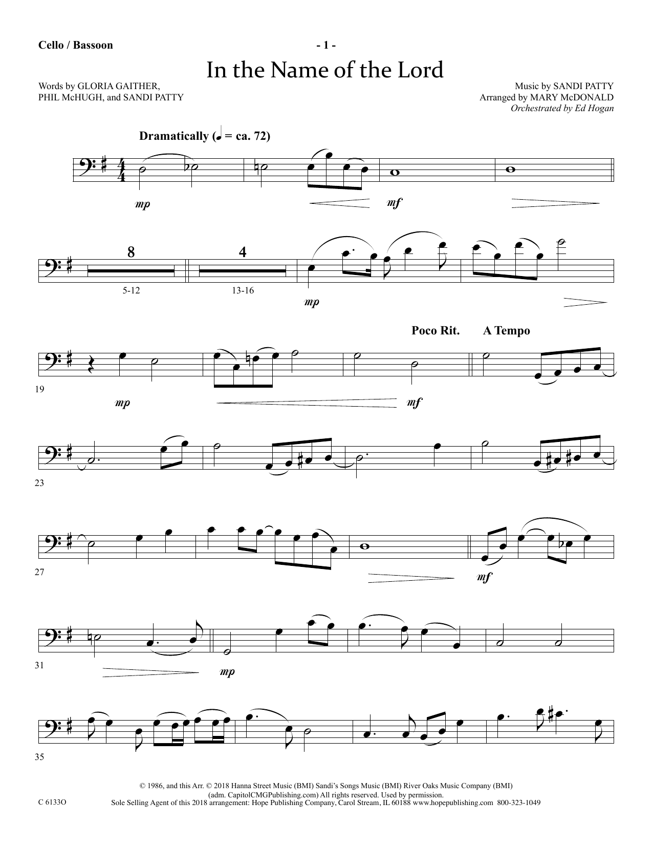 Download Ed Hogan In The Name Of The Lord - Cello/Bassoon Sheet Music
