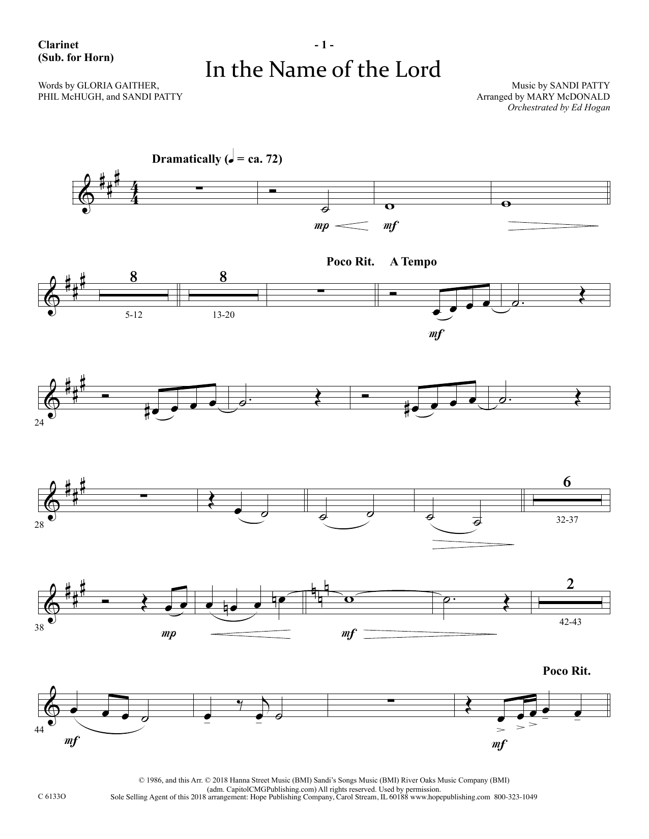 Download Ed Hogan In The Name Of The Lord - Clarinet (sub Sheet Music