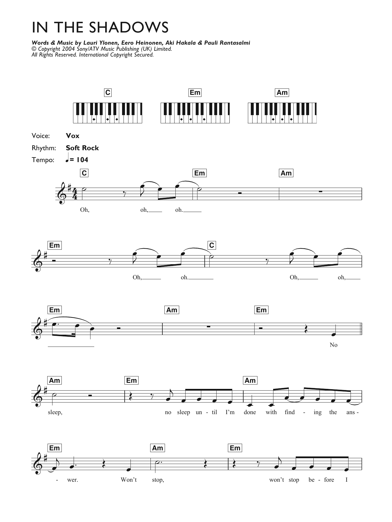 Download The Rasmus In The Shadows Sheet Music