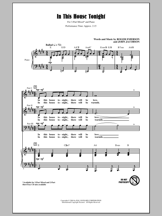 Download John Jacobson In This House Tonight (arr. Roger Emers Sheet Music