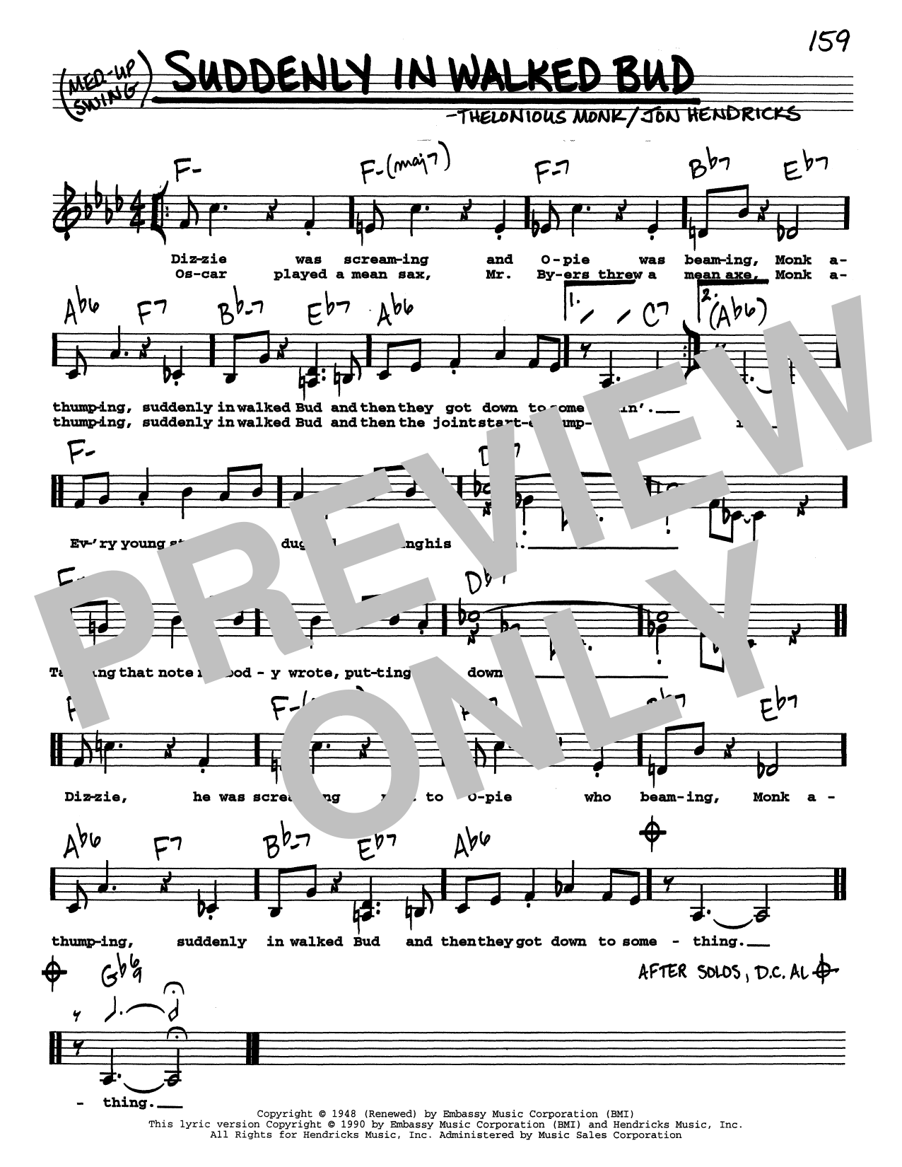 Thelonious Monk In Walked Bud (Low Voice) sheet music notes printable PDF score