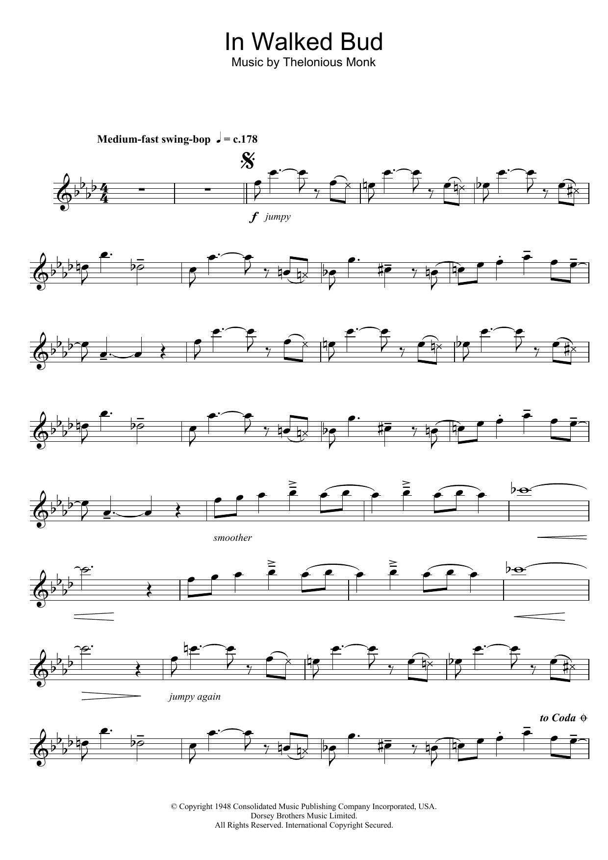 Download Thelonious Monk In Walked Bud Sheet Music