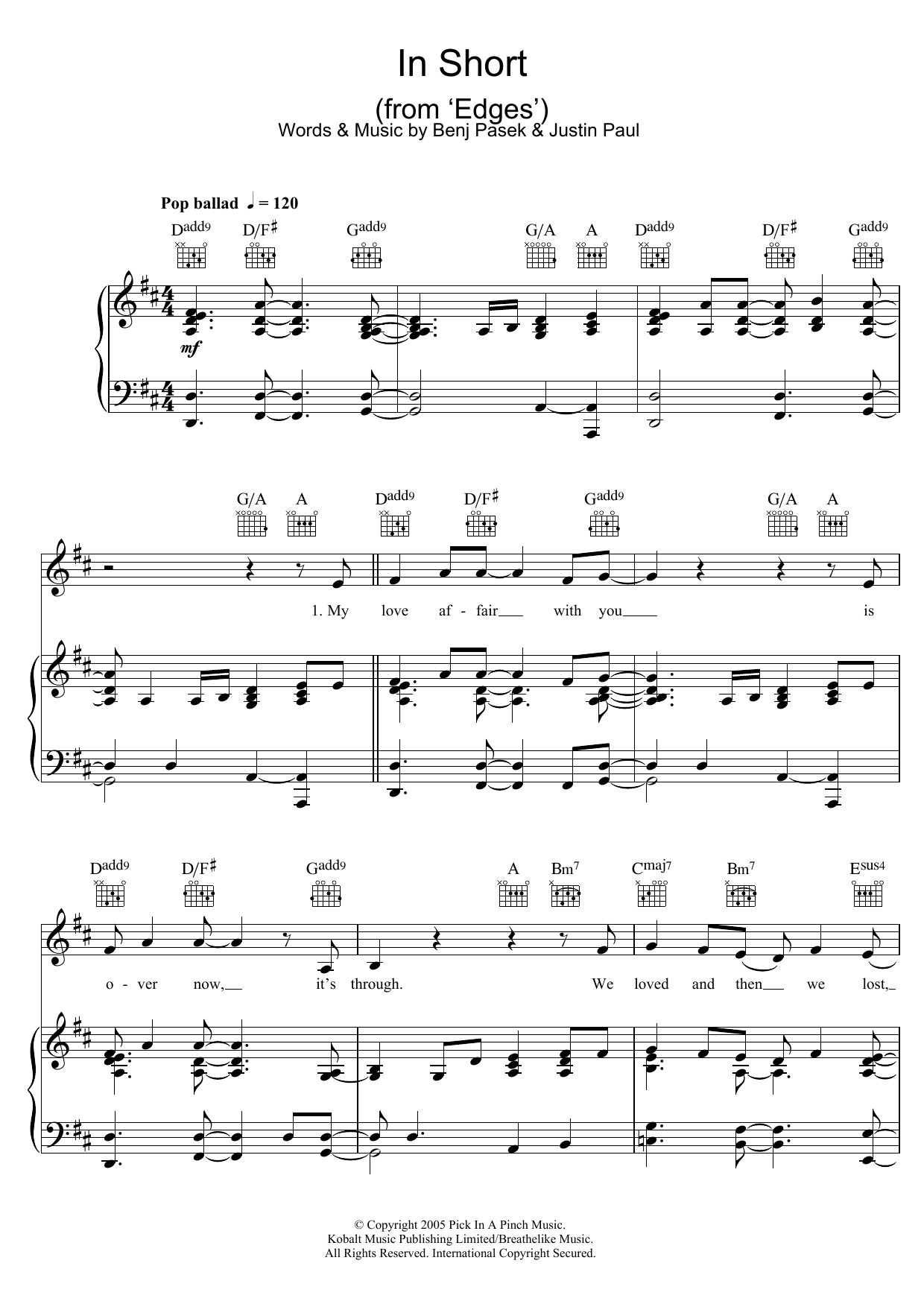 Pasek & Paul In Short (from Edges) sheet music notes printable PDF score