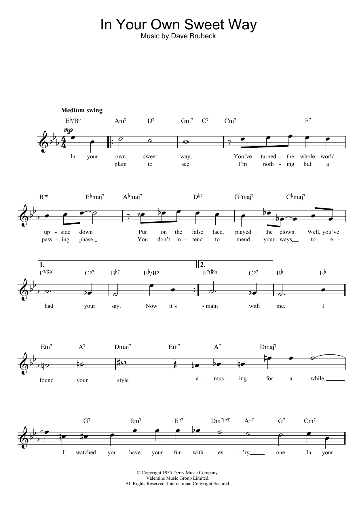 Dave Brubeck In Your Own Sweet Way sheet music notes printable PDF score