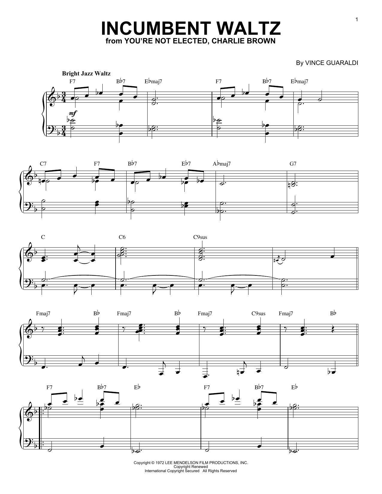 Download Vince Guaraldi Incumbent Waltz (from You're Not Electe Sheet Music