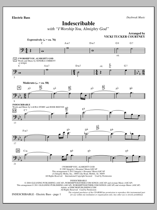 Download Vicki Tucker Courtney Indescribable - Bass Sheet Music