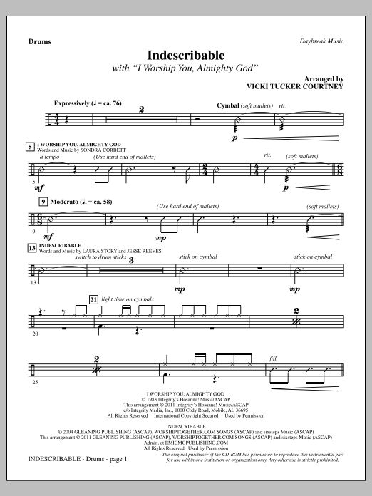 Download Vicki Tucker Courtney Indescribable - Drums Sheet Music