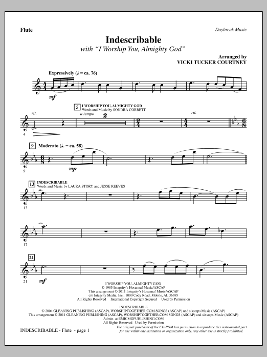 Download Vicki Tucker Courtney Indescribable - Flute Sheet Music