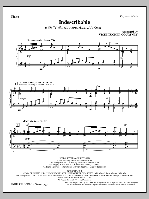 Download Vicki Tucker Courtney Indescribable - Piano Sheet Music