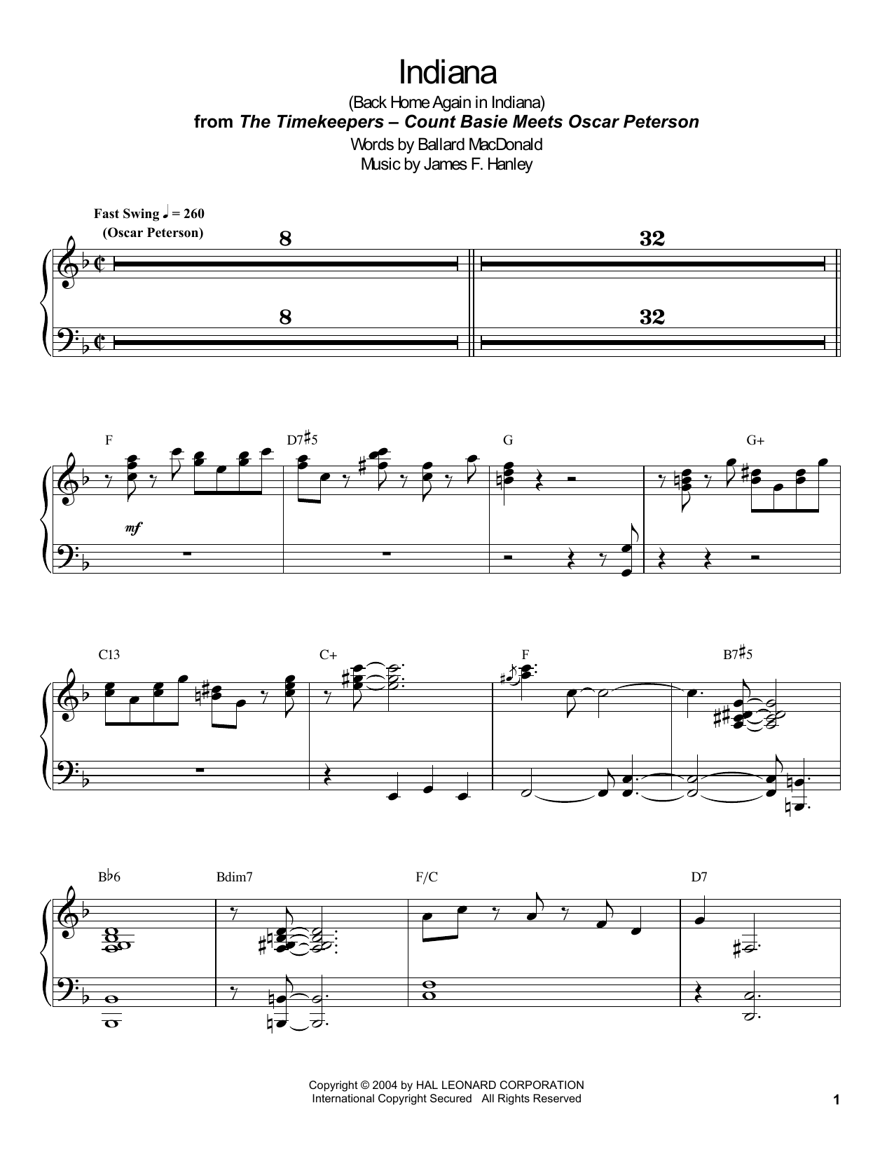 Download Count Basie Indiana (Back Home Again In Indiana) Sheet Music