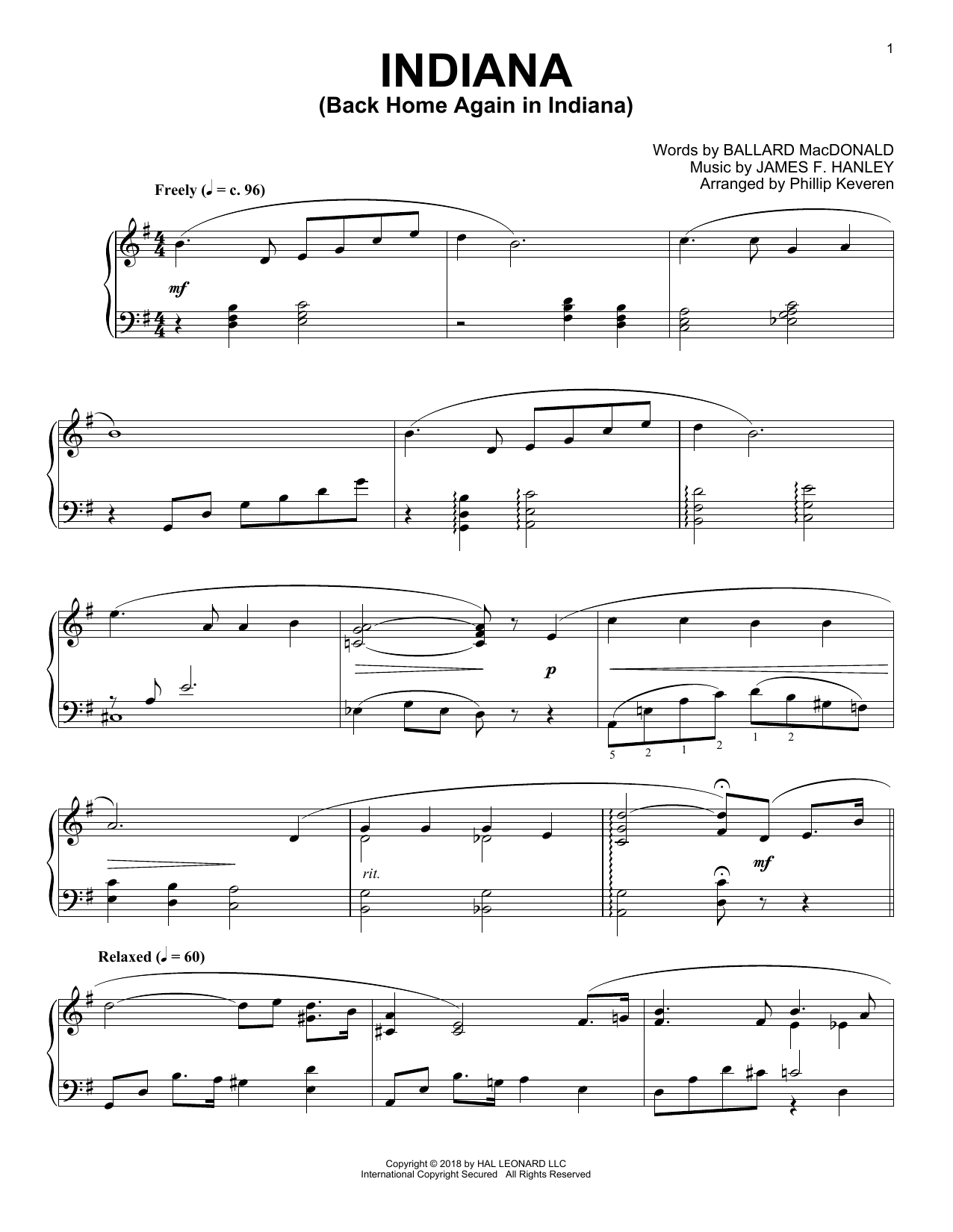 Download James F. Hanley Indiana (Back Home Again In Indiana) [J Sheet Music