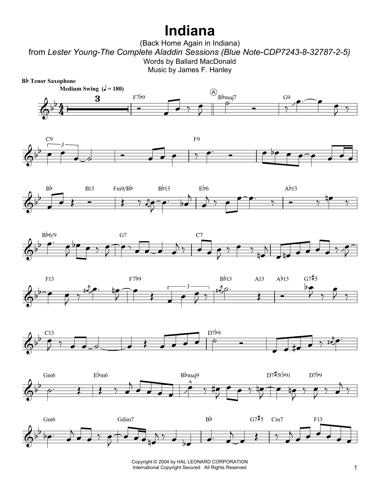 Download Lester Young Indiana (Back Home Again In Indiana) Sheet Music