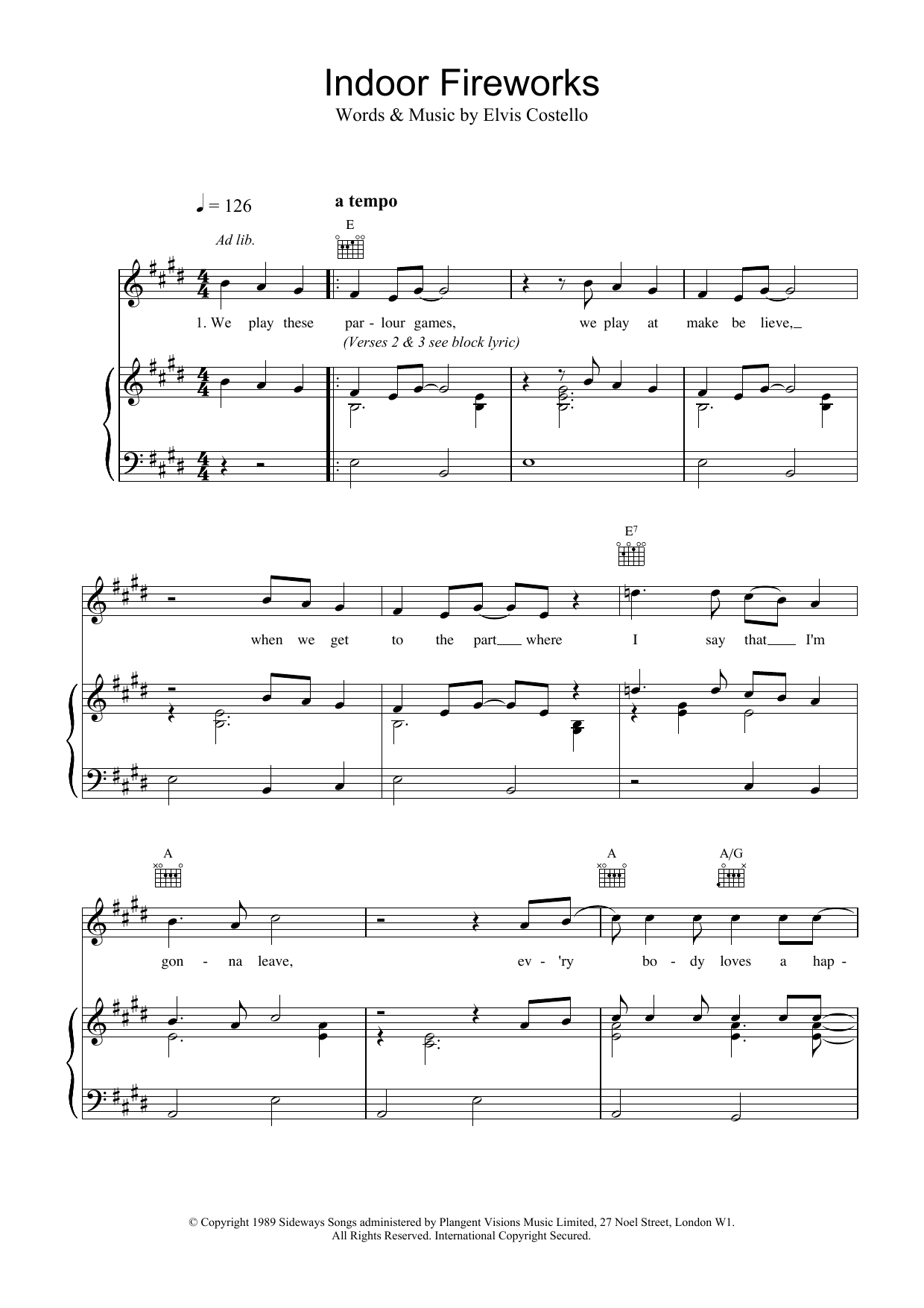 Elvis Costello Indoor Fireworks sheet music notes printable PDF score