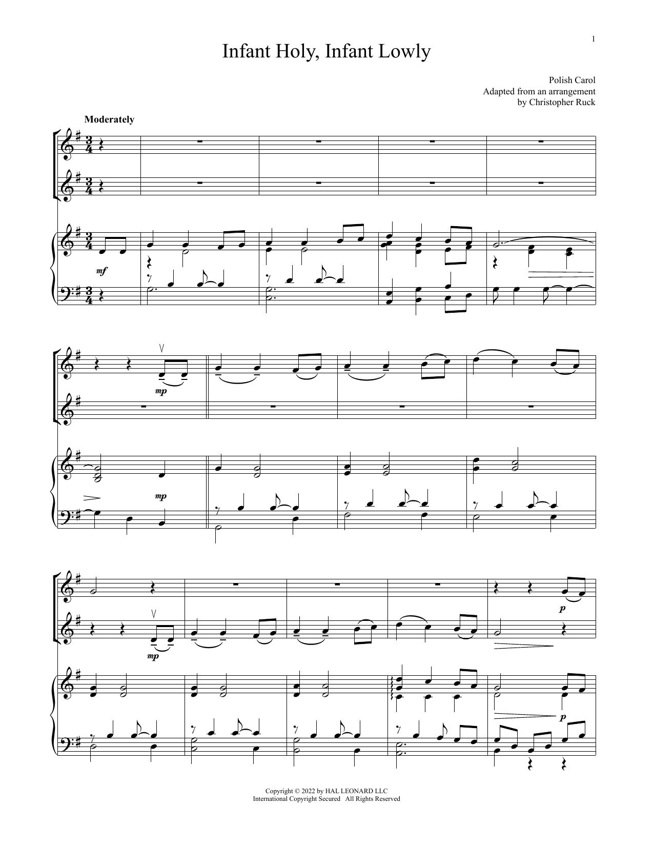 Download Traditional Polish Carol Infant Holy, Infant Lowly (for Violin D Sheet Music