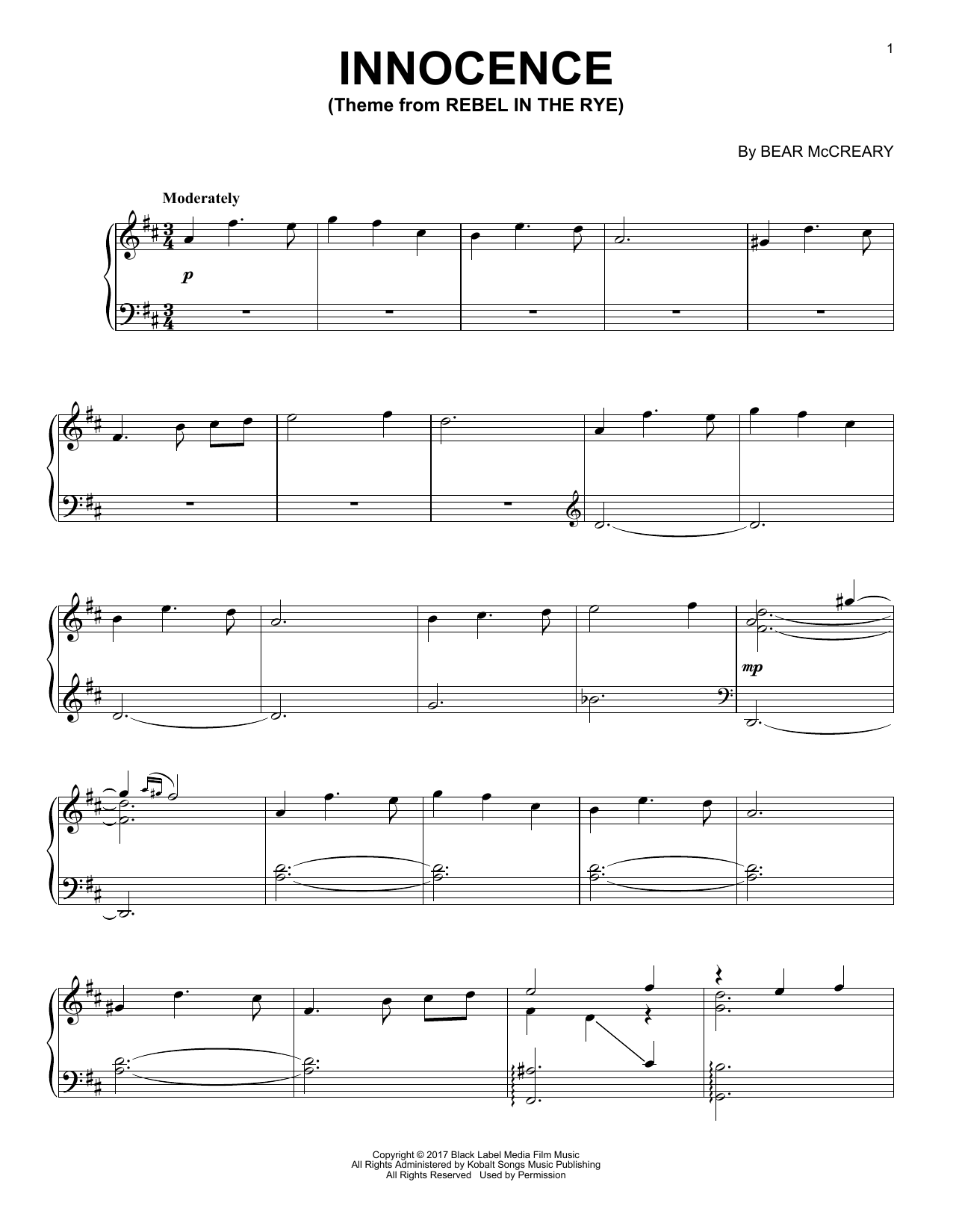 Bear McCreary Innocence (from Rebel In The Rye) sheet music notes printable PDF score