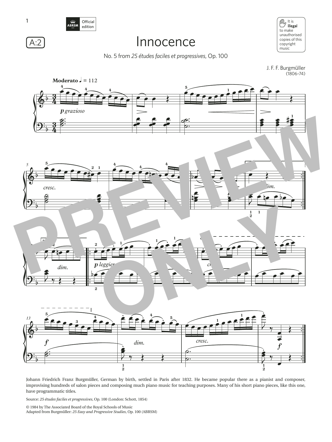 Download J. F. Burgmüller Innocence (Grade 3, list A2, from the A Sheet Music