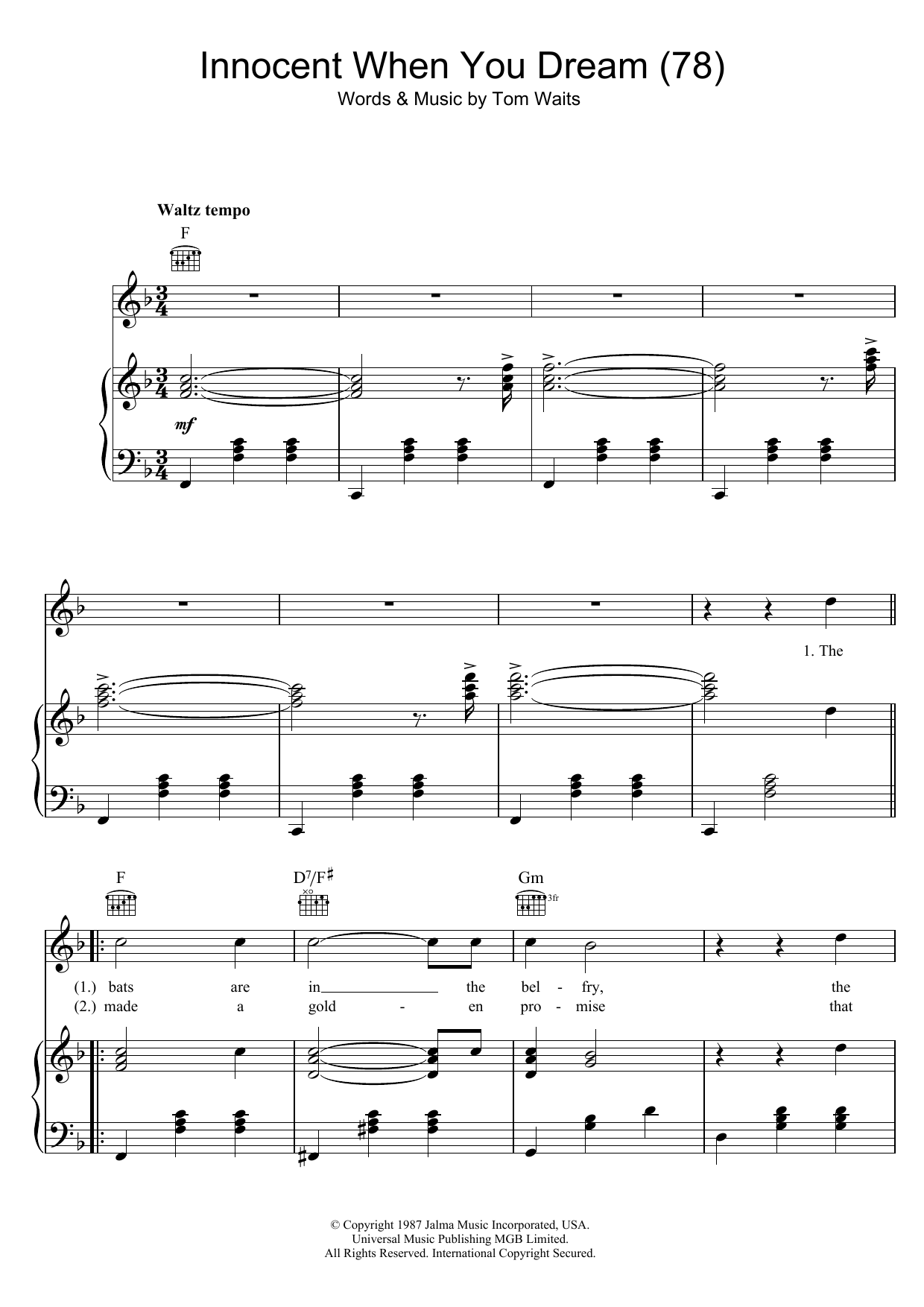 Download Tom Waits Innocent When You Dream (78) Sheet Music