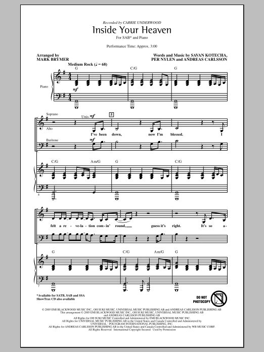 Download Carrie Underwood Inside Your Heaven (arr. Mark Brymer) Sheet Music