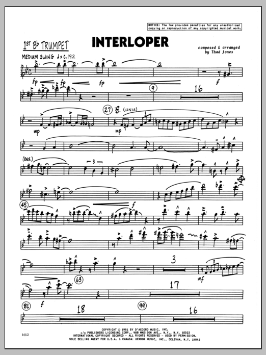 Download Thad Jones Interloper - 1st Bb Trumpet Sheet Music