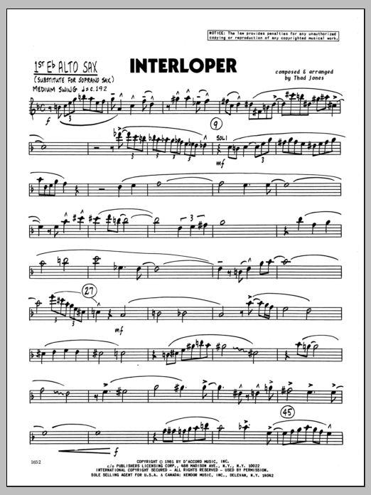Download Thad Jones Interloper - 1st Eb Alto Saxophone Sheet Music