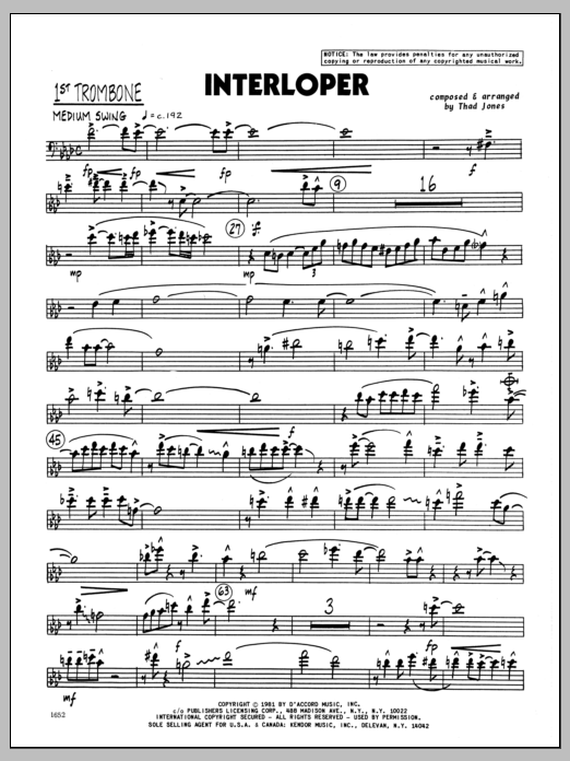 Download Thad Jones Interloper - 1st Trombone Sheet Music