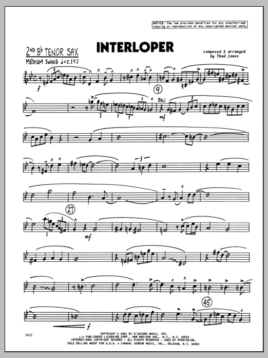Download Thad Jones Interloper - 2nd Bb Tenor Saxophone Sheet Music