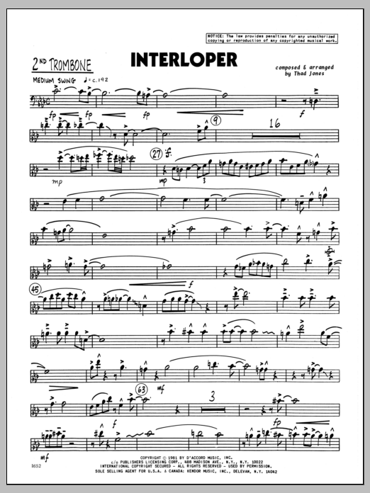 Download Thad Jones Interloper - 2nd Trombone Sheet Music