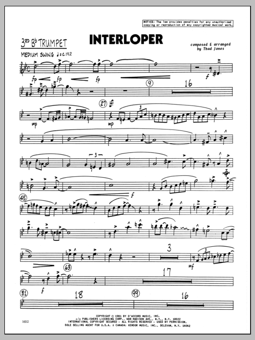 Download Thad Jones Interloper - 3rd Bb Trumpet Sheet Music
