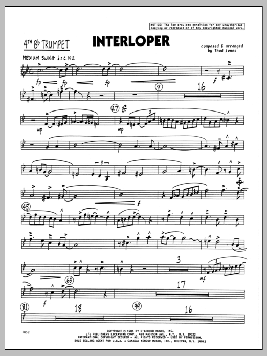 Download Thad Jones Interloper - 4th Bb Trumpet Sheet Music