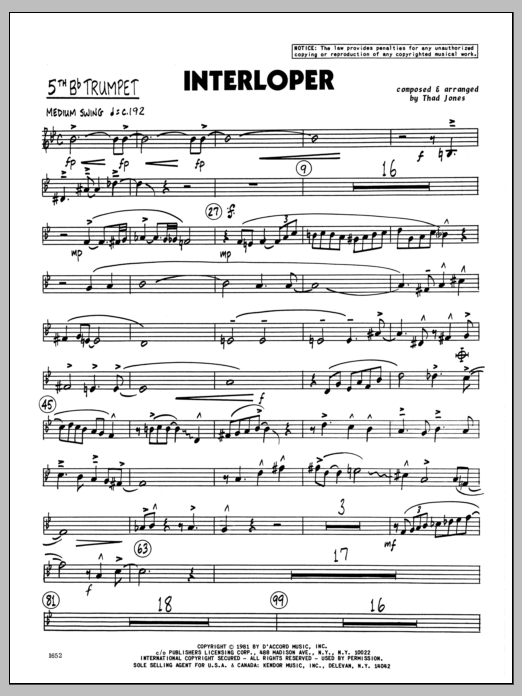 Download Thad Jones Interloper - 5th Bb Trumpet Sheet Music