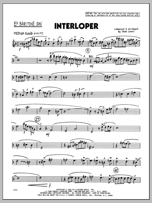 Download Thad Jones Interloper - Baritone Sax Sheet Music
