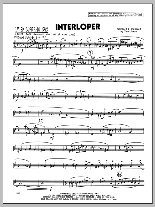 Download Thad Jones Interloper - Bb Soprano Sax Sheet Music