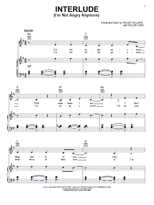 Download Paramore Interlude (I'm Not Angry Anymore) Sheet Music