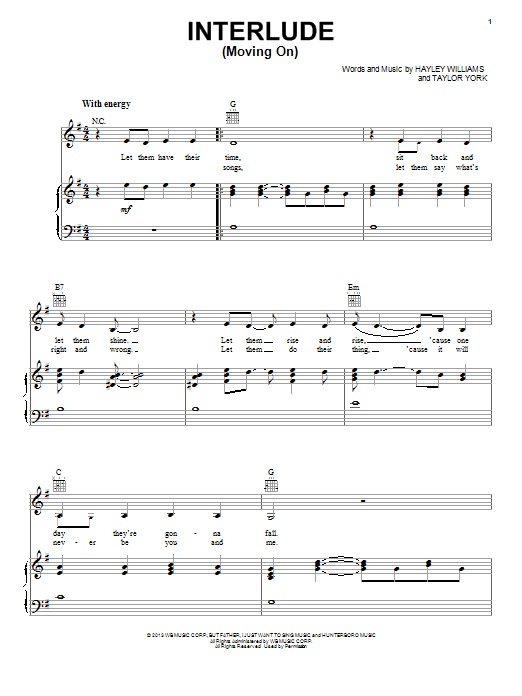 Download Paramore Interlude (Moving On) Sheet Music
