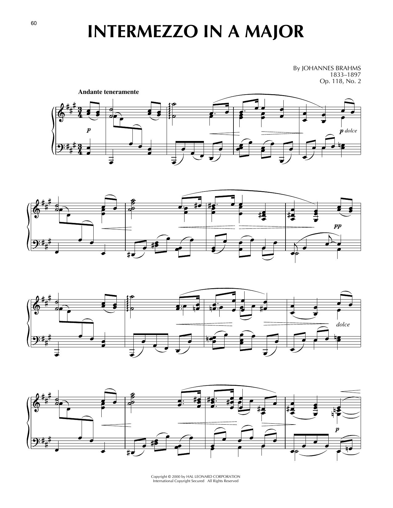 Johannes Brahms Intermezzo In A Major, Op. 118, No. 2 sheet music notes printable PDF score