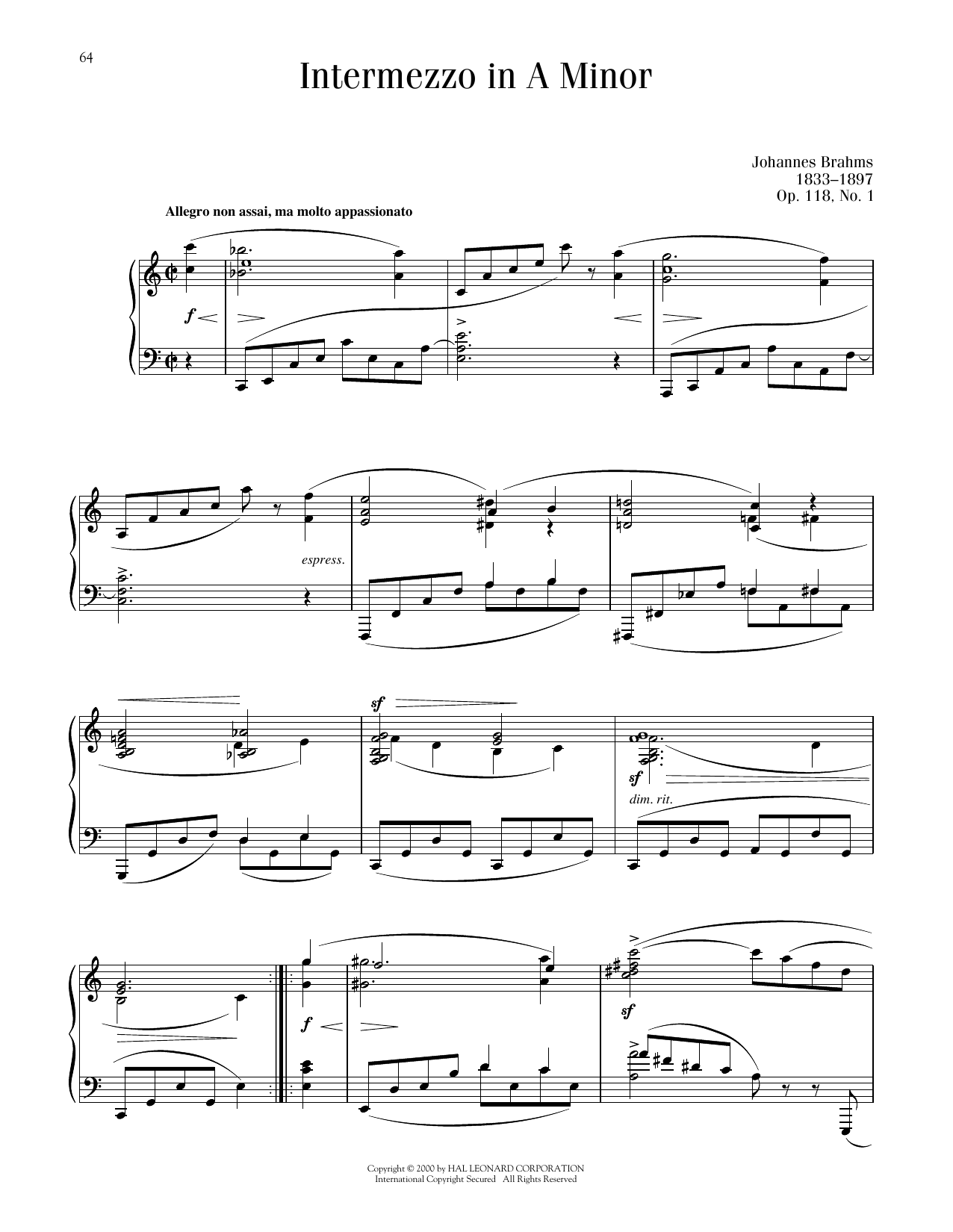 Johannes Brahms Intermezzo In A Minor, Op. 118, No. 1 sheet music notes printable PDF score