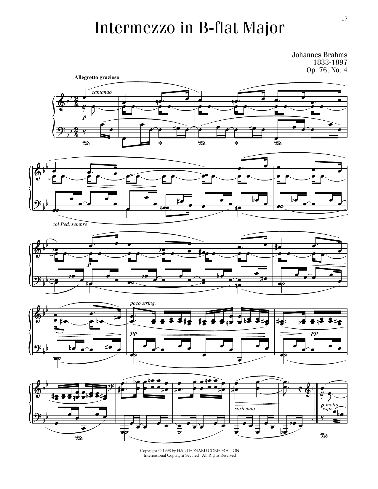 Johannes Brahms Intermezzo In B-flat Major, Op. 76, No. 4 sheet music notes printable PDF score