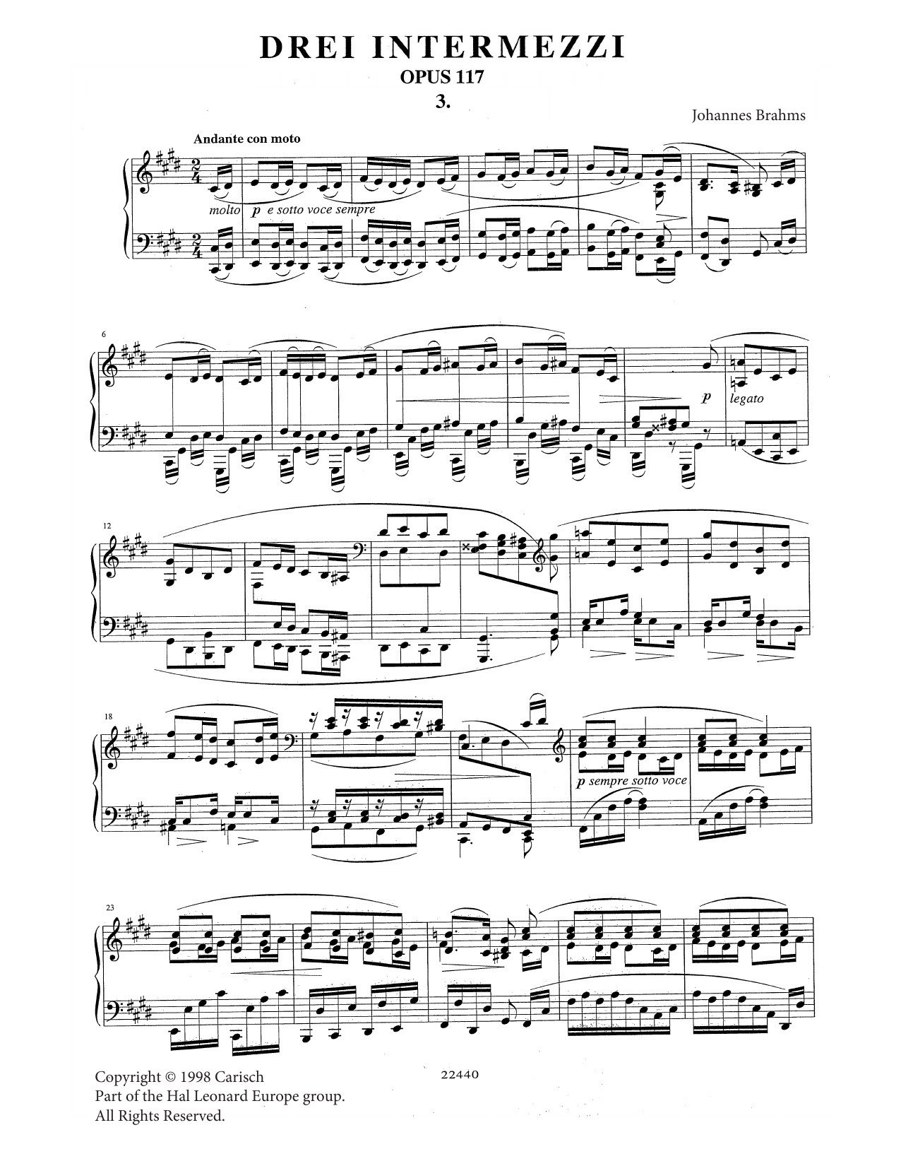 Download Johannes Brahms Intermezzo in C Sharp Minor Op. 117 No. Sheet Music