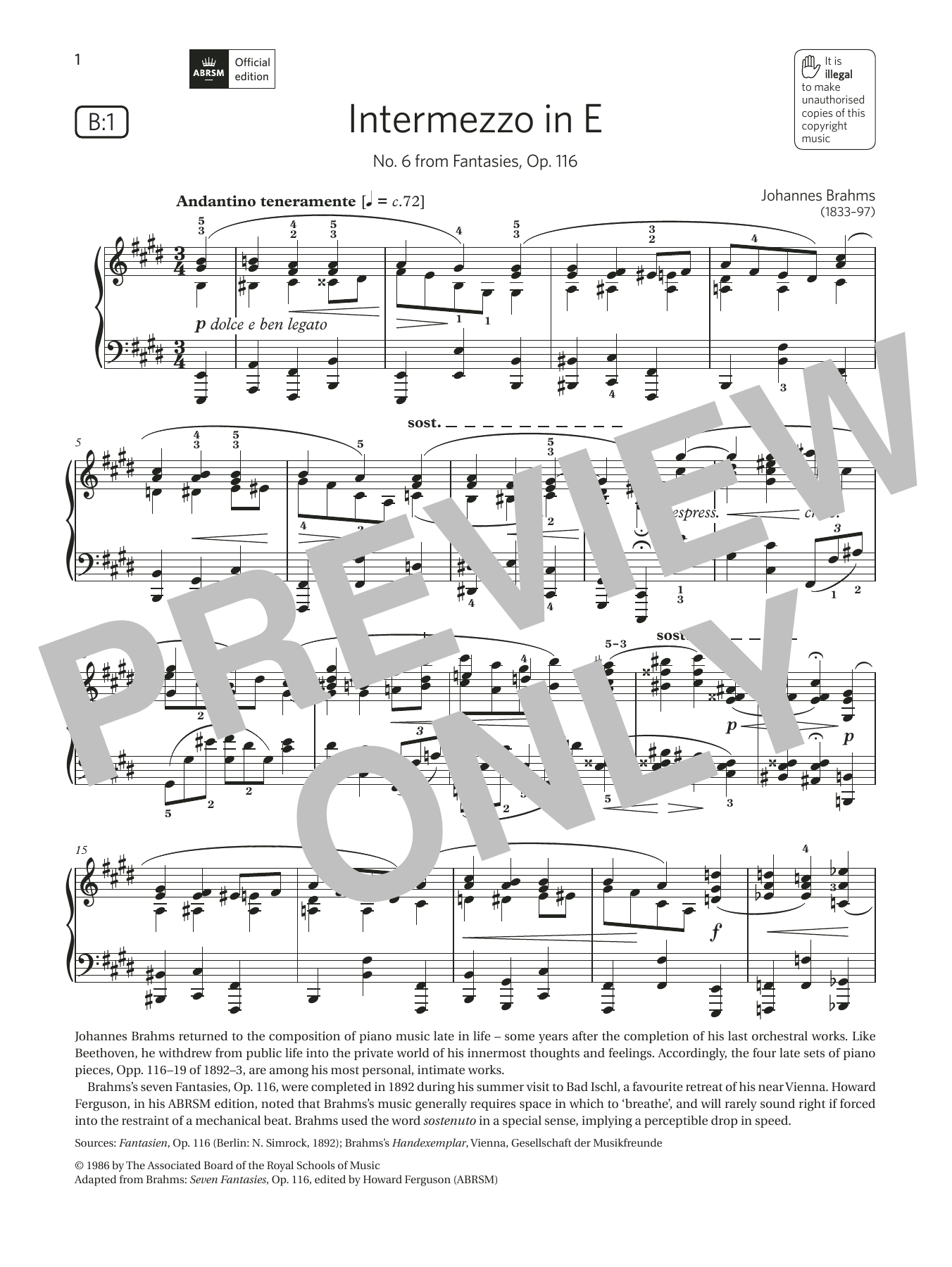 Download Johannes Brahms Intermezzo in E (Grade 8, list B1, from Sheet Music