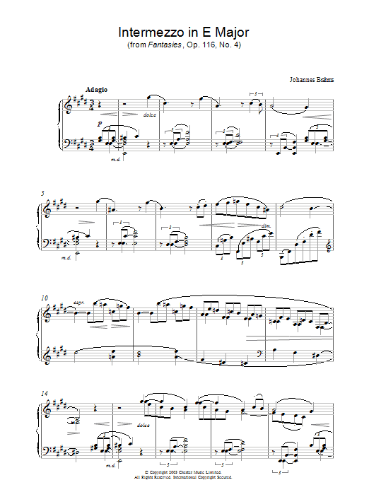 Download Johannes Brahms Intermezzo in E Major (from Fantasies, Sheet Music